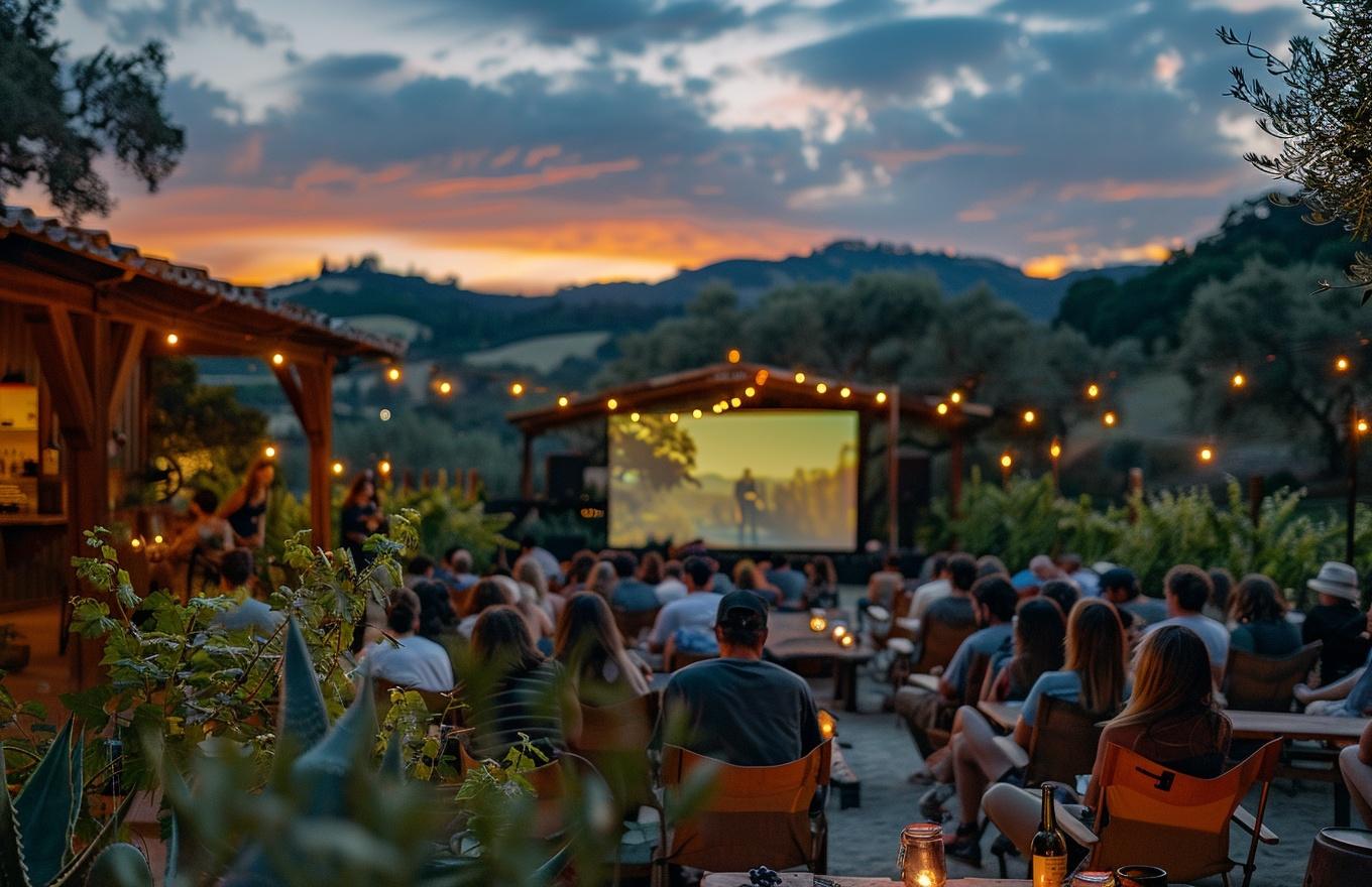 Outdoor cinema gathering in Napa Valley at sunset