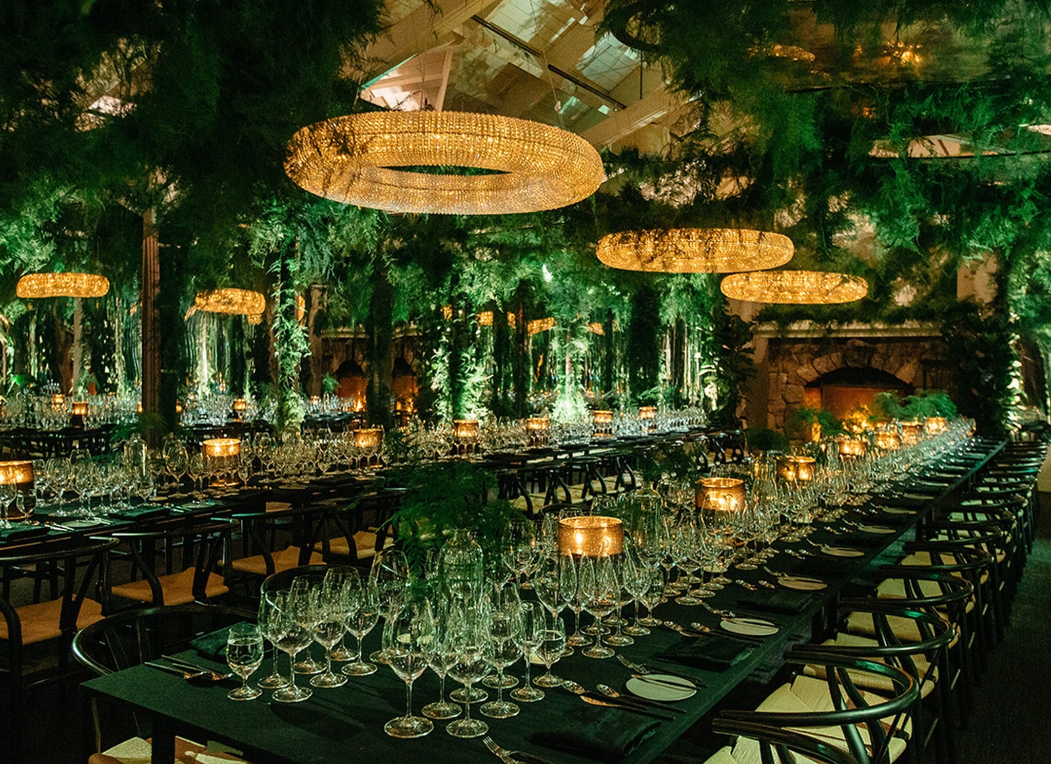 Elegant Napa Valley dinner setting surrounded by greenery and golden light